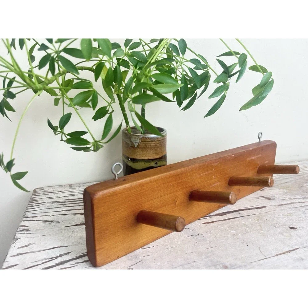 Vintage Rustic Wooden Coat Hat Rack 4 Peg Hanger Wall Mount Country 13” Cottage